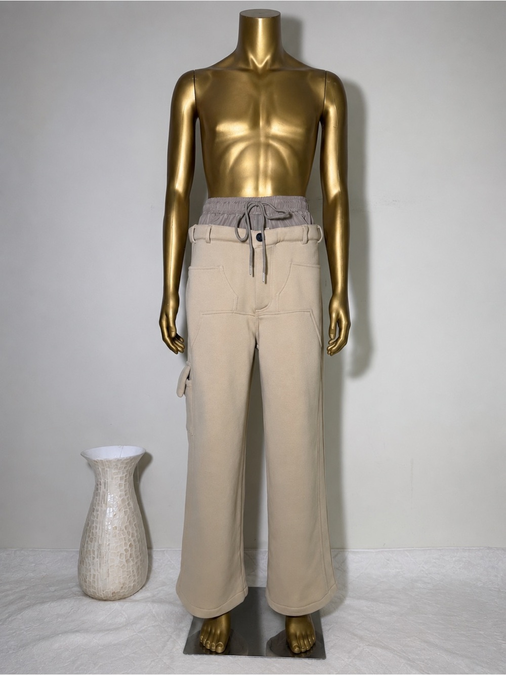Novamen Men's Beige Drawstring Waist Joggers with Utility Pocket.